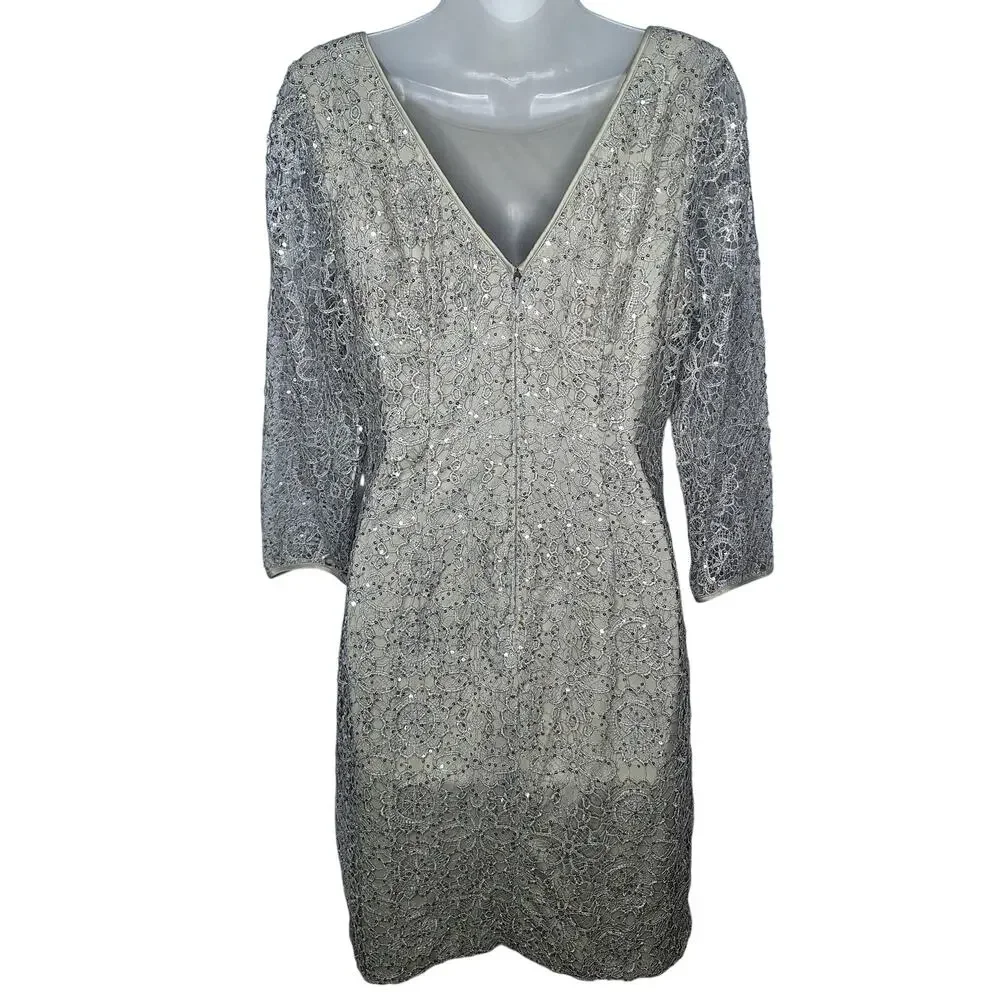 Adrianna Papell Lace Overlay Dress Metallic Sequin Long Sleeve 12 Formal Evening